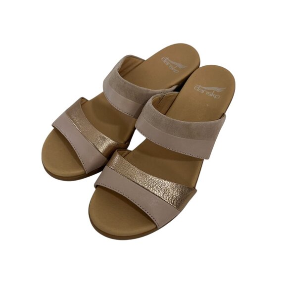 Dansko Womens Double Strap Sandals SZ 39 Gold/Beige Leather Open Toe Block Heel - Picture 8 of 8